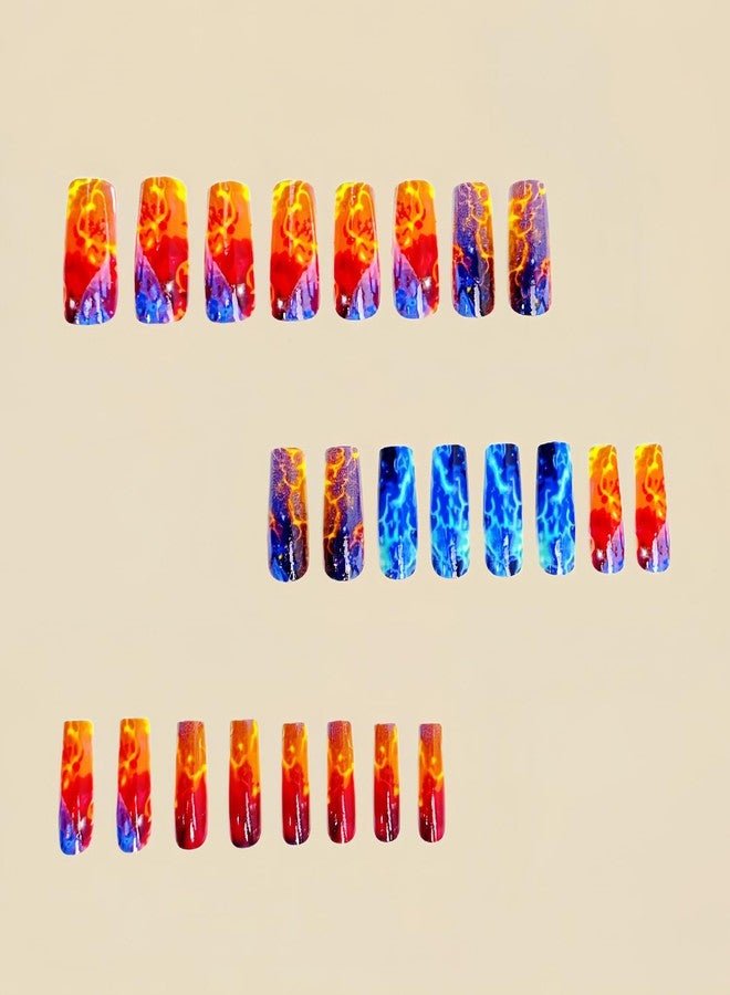 CJDLTS Press On Medium Square Aurora Red and Blue Lightning Design Nails - Full Cover Artificial Acrylic Coffin Nails - Reusable Glue On DIY Stick On for Women - 24Pcs - Image 2